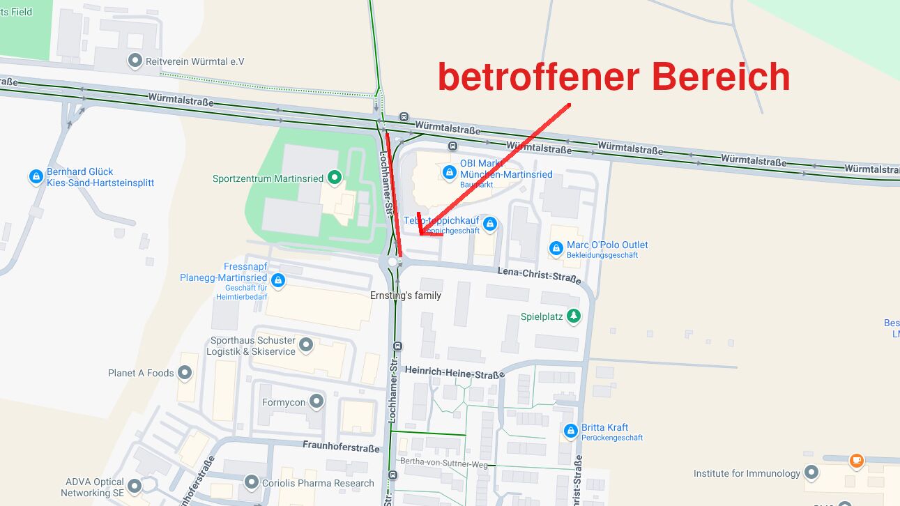 Zeitweise ist die direkte Zufahrt von der Würmtalstraße zu den Einkaufs- und Sportzentren nicht möglich (Grafik: Google Maps)