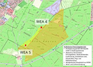 Potenzialfläche im Forst Kasten mit möchlichen Standorten für Wind-Energie-Anlagen (WEA) Skizze: Energieagentur Ebersberg-München