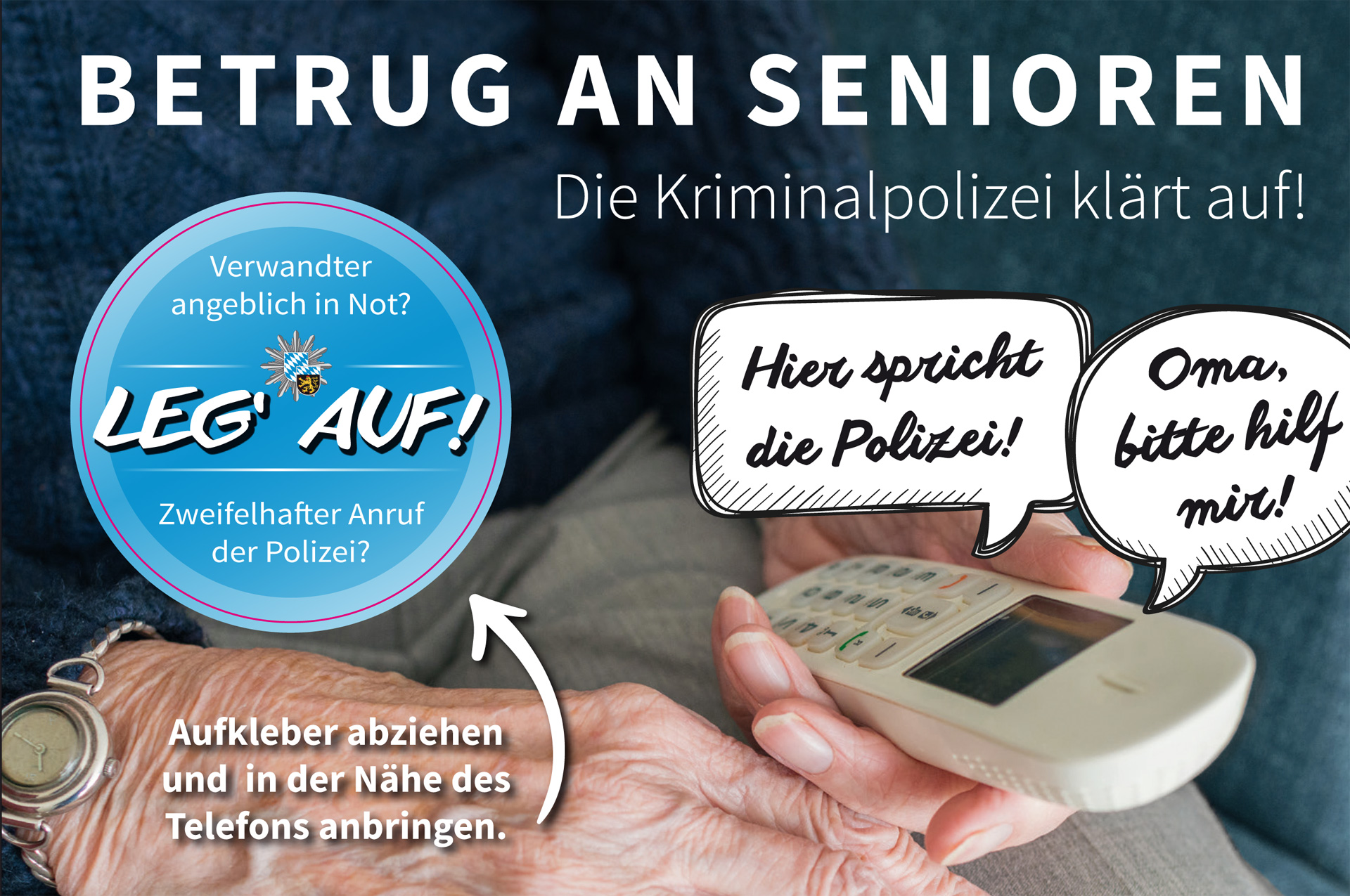 Der Aufkleber mit dem Slogan „Leg Auf!“ kann von der Postkarte abgezogen und in der Nähe des Telefons angebracht werden.