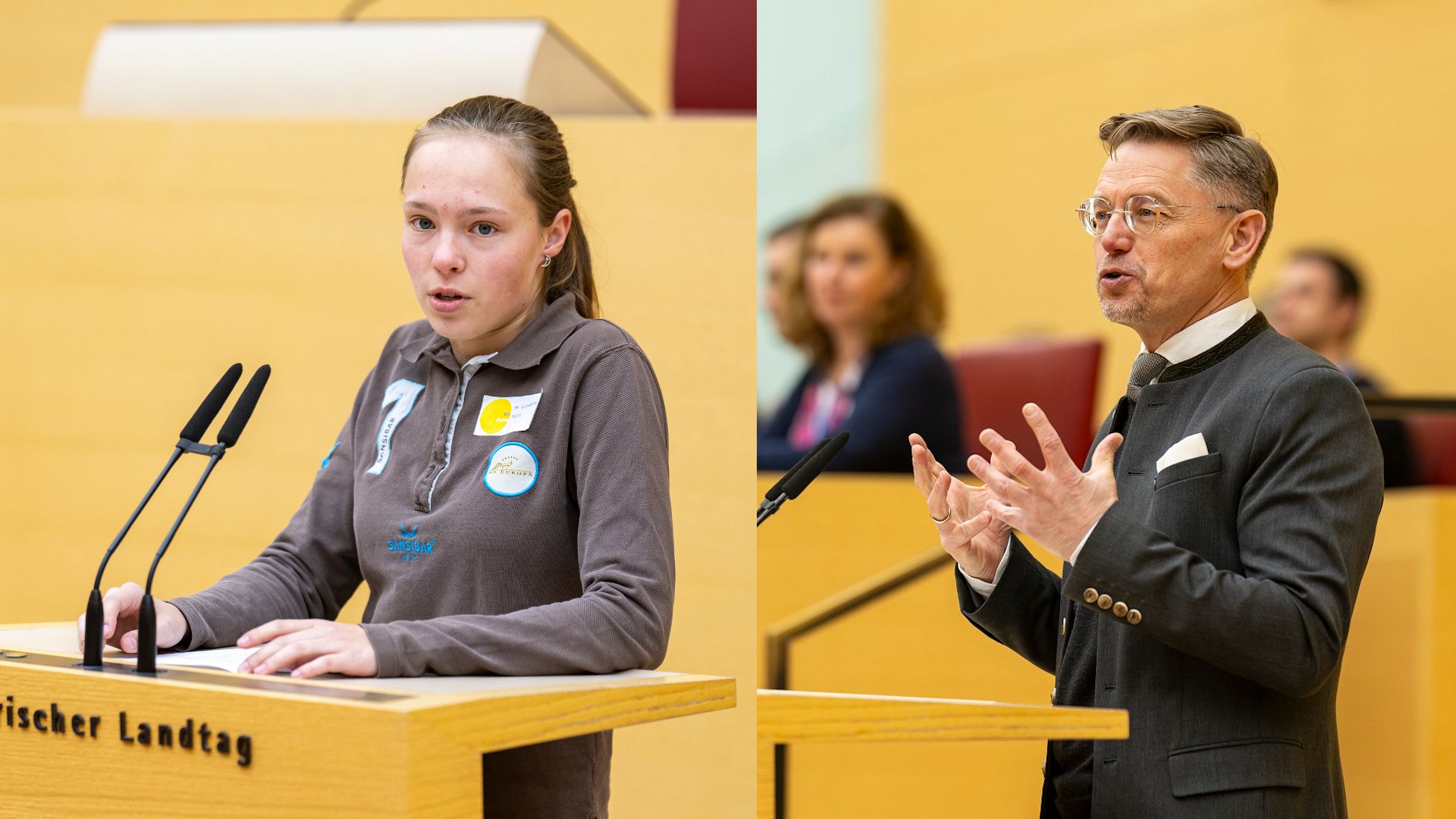 Die Reden hielten Antonia Staszweski (Klasse 10 b FEO) und der I. Landtagsvizepräsident Tobias Reiß (CSU) (Foto: Bayerischer Landtag / Lennart Preiss)